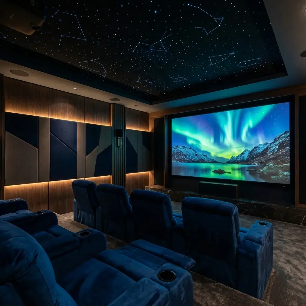 A private home cinema with tiered seating and a large screen.
