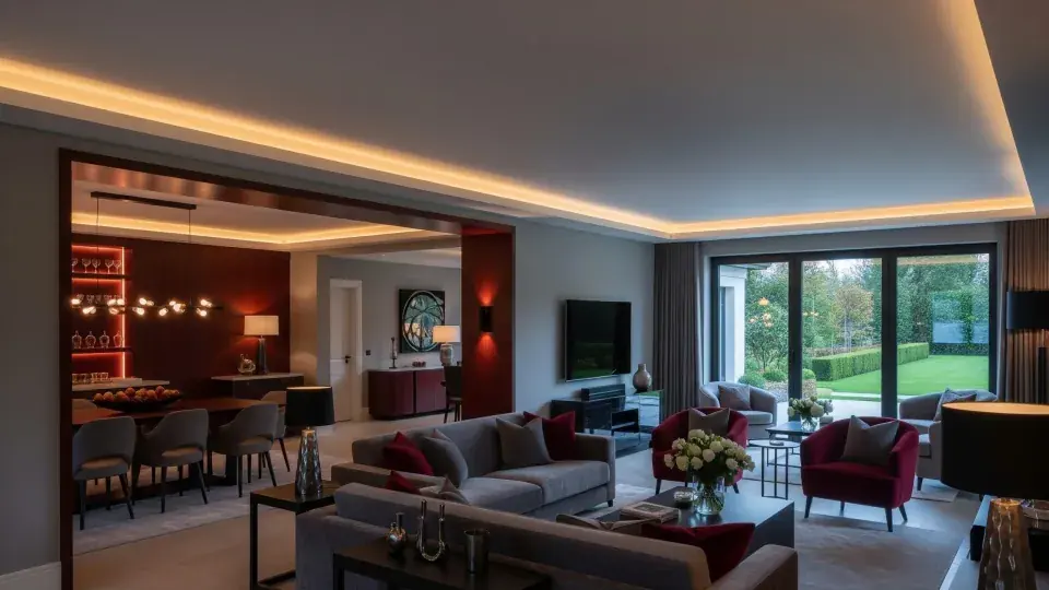 A contemporary living room with a fireplace, pendant lights and a wall-mounted screen.