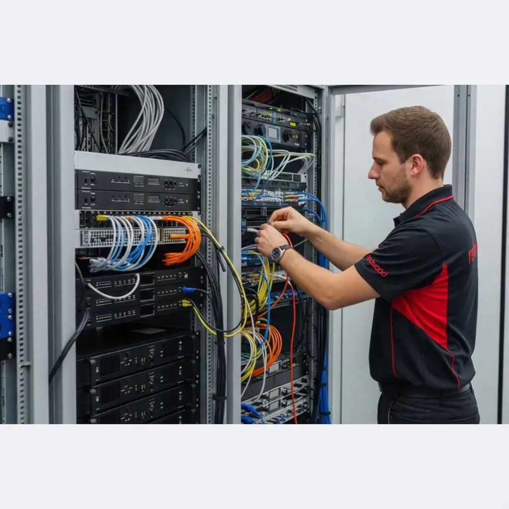 An equipment rack with network and audio-visual hardware during installation.